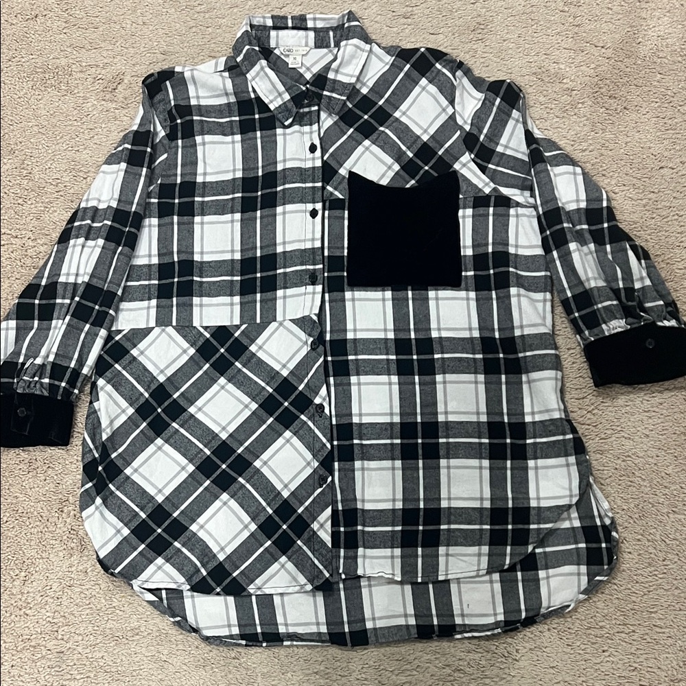 Cato Black and White Plaid Flannel Button Down Shirt